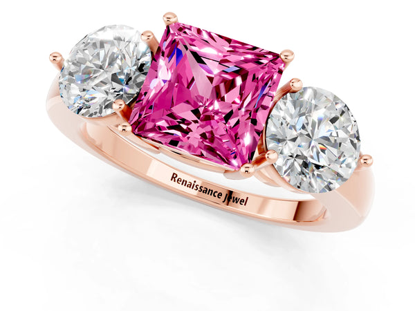 Rose gold Princess Cut Pink Sapphire Three-Stone Ring with Prong Setting and Classic Band
