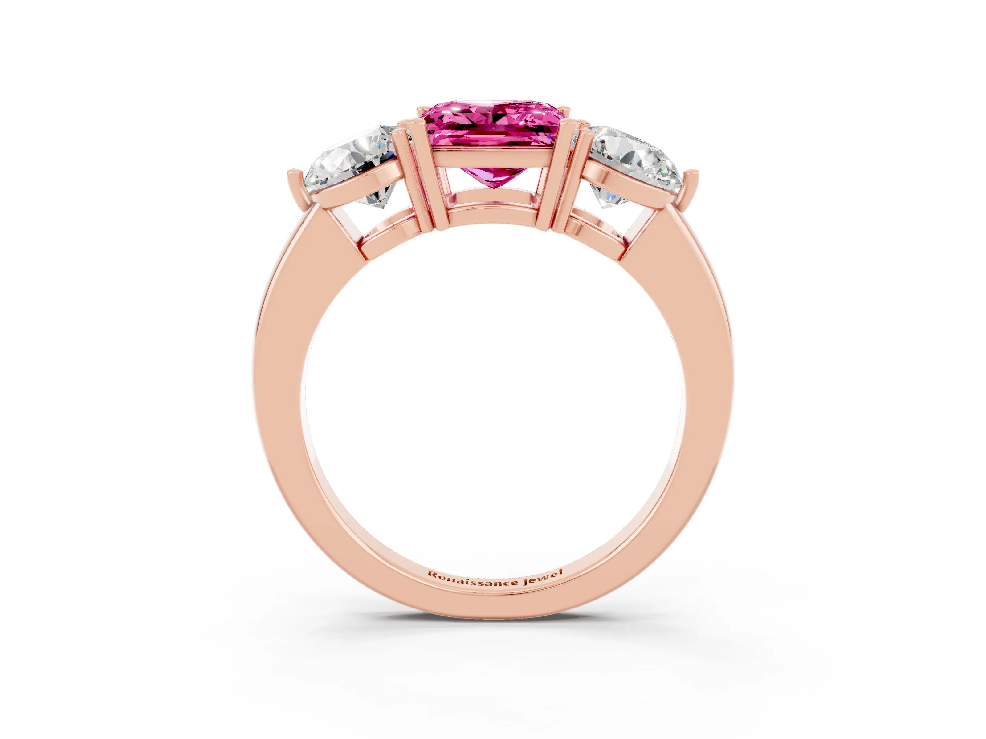 Rose gold Princess Cut Pink Sapphire Three-Stone Ring with Prong Setting and Classic Band_3