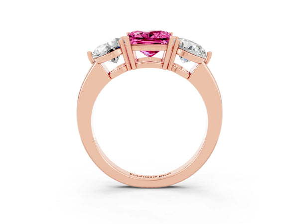 Rose gold Princess Cut Pink Sapphire Three-Stone Ring with Prong Setting and Classic Band