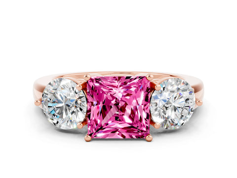 Rose gold Princess Cut Pink Sapphire Three-Stone Ring with Prong Setting and Classic Band