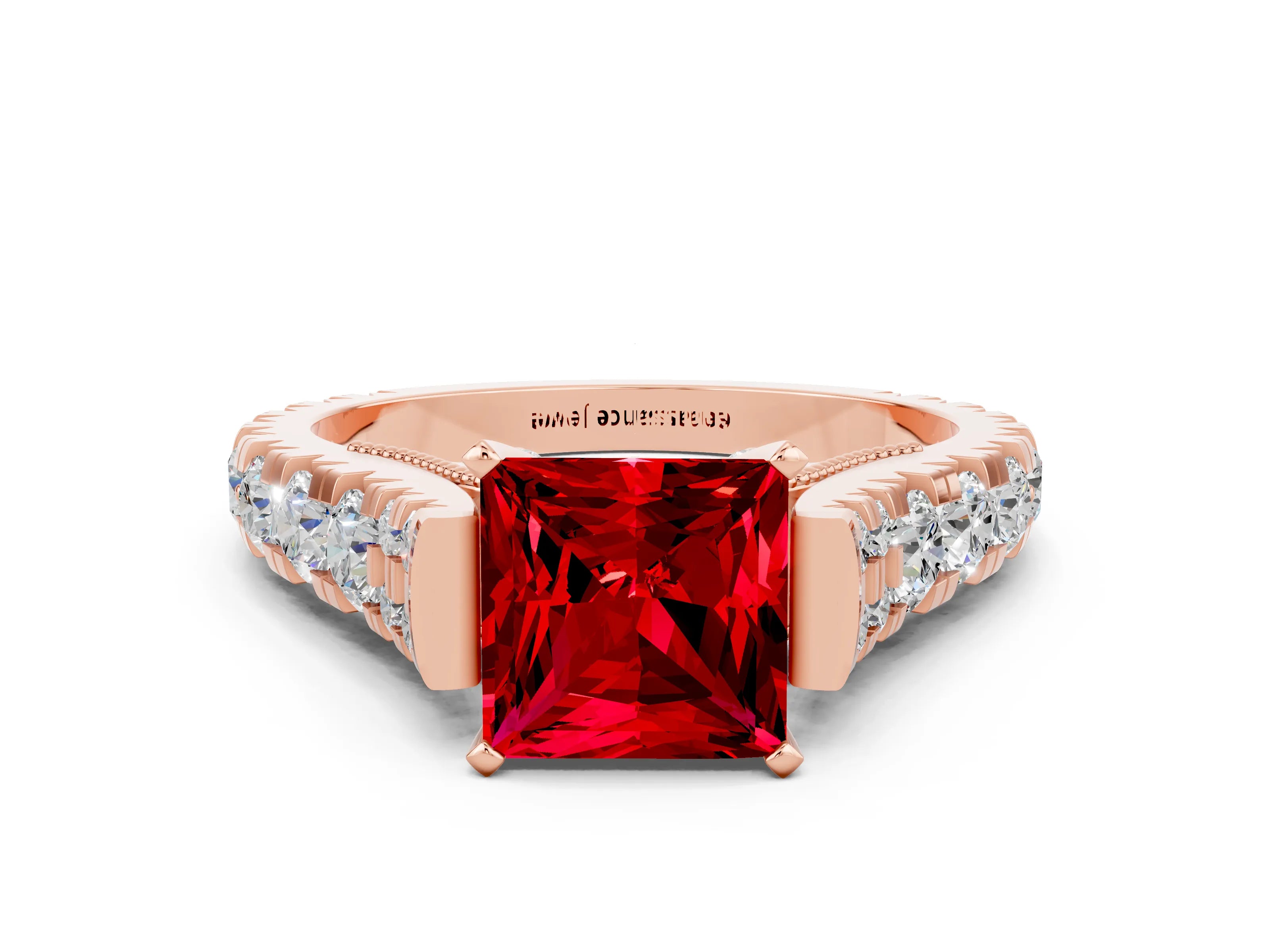 Rose gold Princess Cut Ruby Classic Solitaire Ring with Pavé Band and Four-Prong Setting