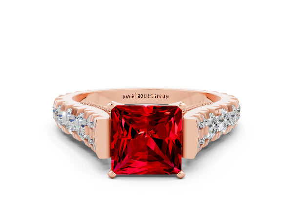 Rose gold Princess Cut Ruby Classic Solitaire Ring with Pavé Band and Four-Prong Setting