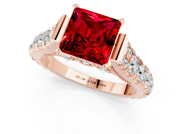 Rose gold Princess Cut Ruby Classic Solitaire Ring with Pavé Band and Four-Prong Setting