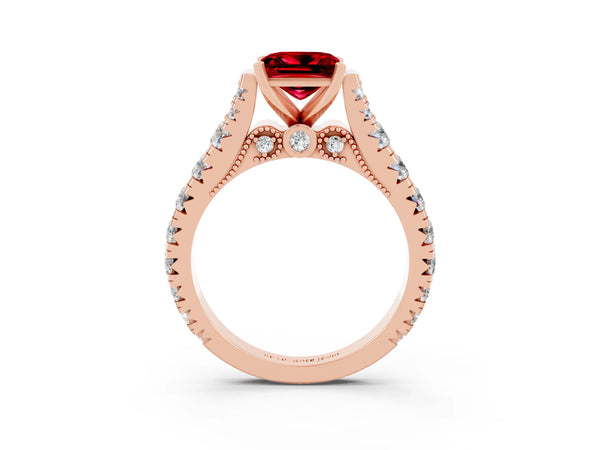 Rose gold Princess Cut Ruby Classic Solitaire Ring with Pavé Band and Four-Prong Setting