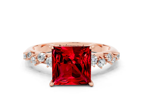Rose gold Princess Cut Ruby Cluster Side Stone Solitaire Ring with Prong Setting_24
