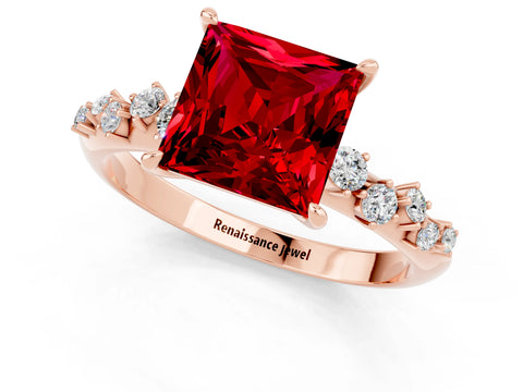 Rose gold Princess Cut Ruby Cluster Side Stone Solitaire Ring with Prong Setting_25