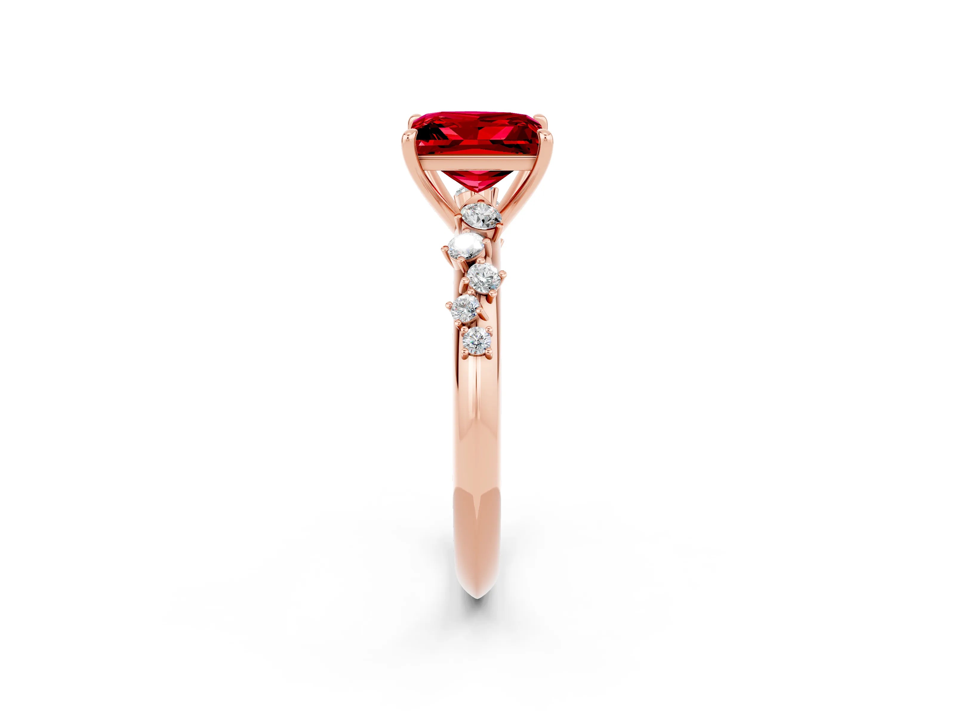 Rose gold Princess Cut Ruby Cluster Side Stone Solitaire Ring with Prong Setting_26