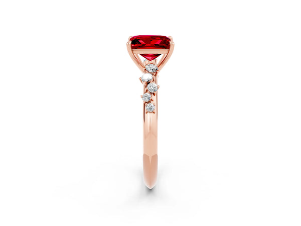 Rose gold Princess Cut Ruby Cluster Side Stone Solitaire Ring with Prong Setting