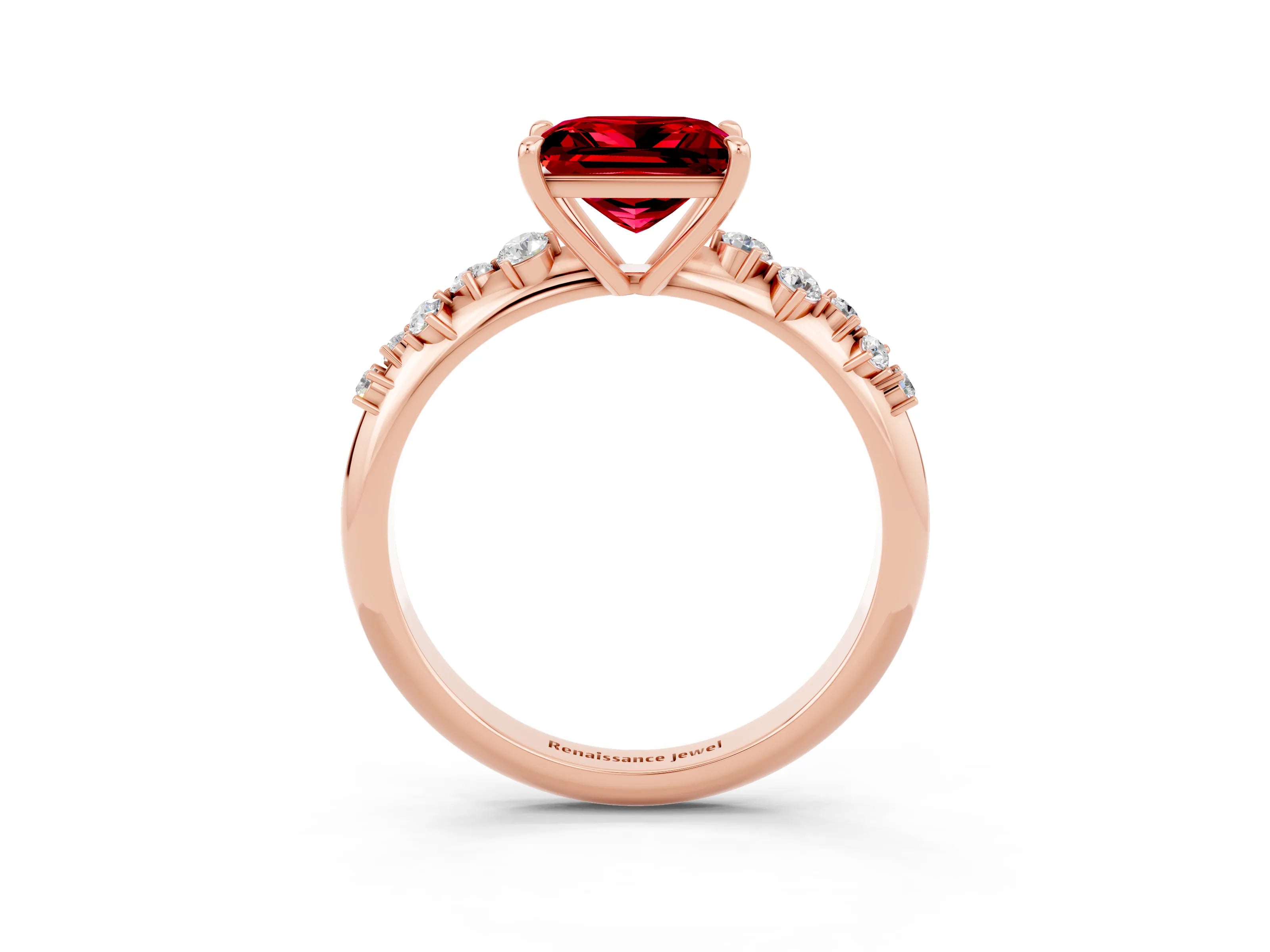 Rose gold Princess Cut Ruby Cluster Side Stone Solitaire Ring with Prong Setting_27