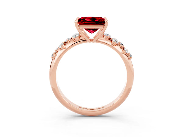 Rose gold Princess Cut Ruby Cluster Side Stone Solitaire Ring with Prong Setting