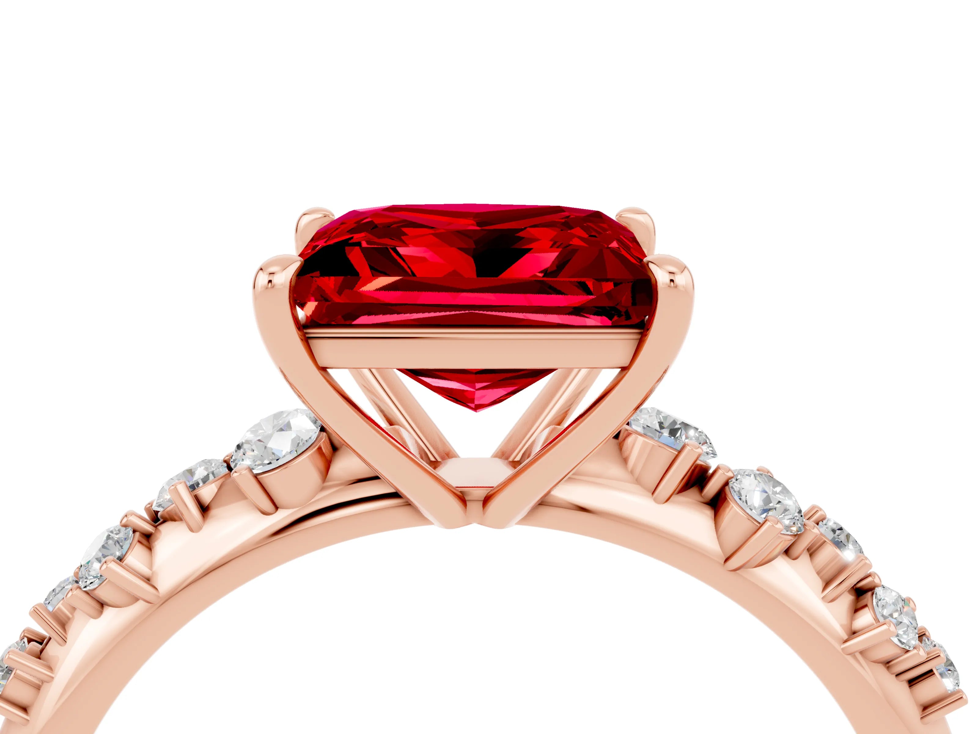 Rose gold Princess Cut Ruby Cluster Side Stone Solitaire Ring with Prong Setting_28