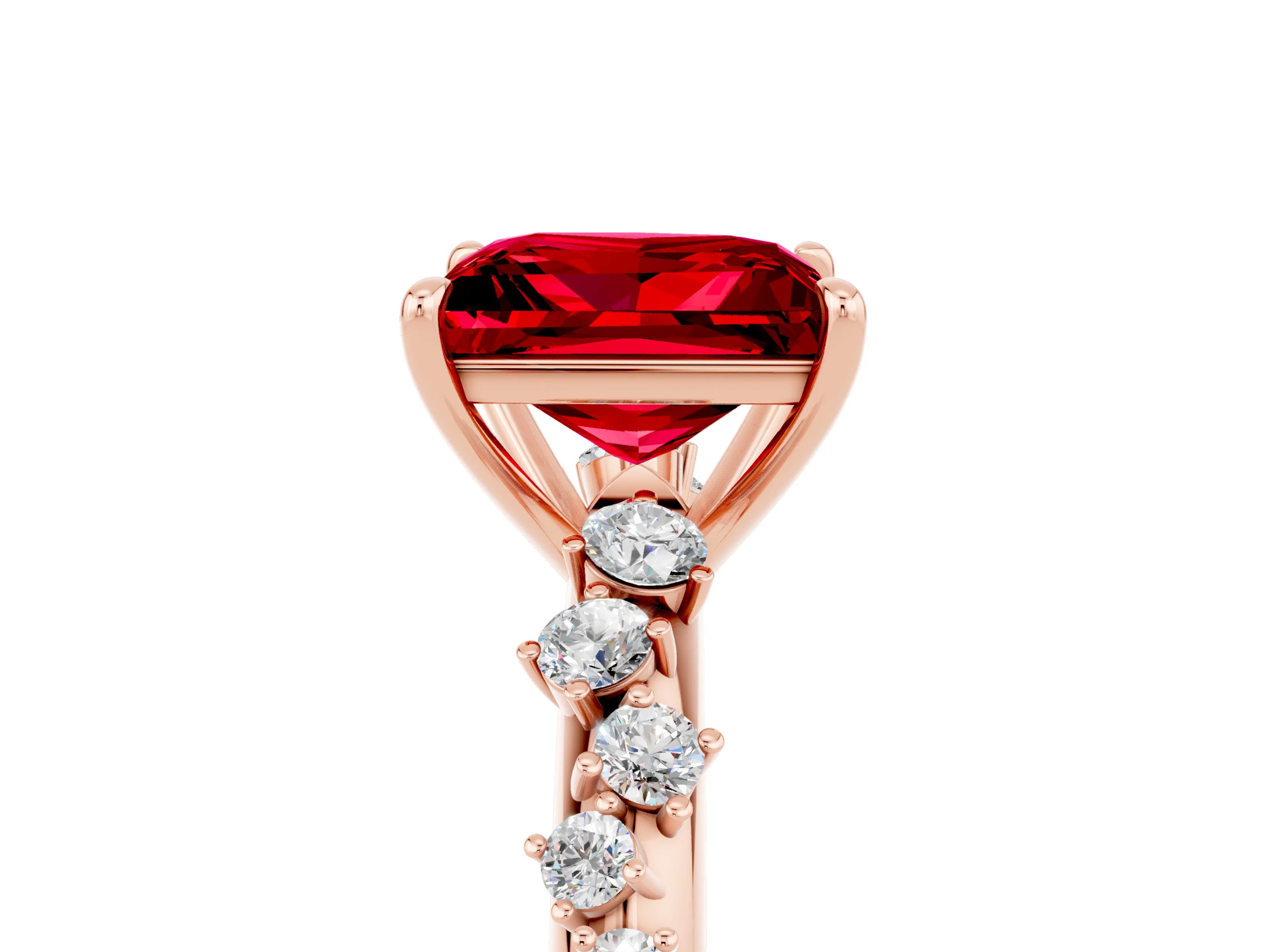 Rose gold Princess Cut Ruby Cluster Side Stone Solitaire Ring with Prong Setting_29