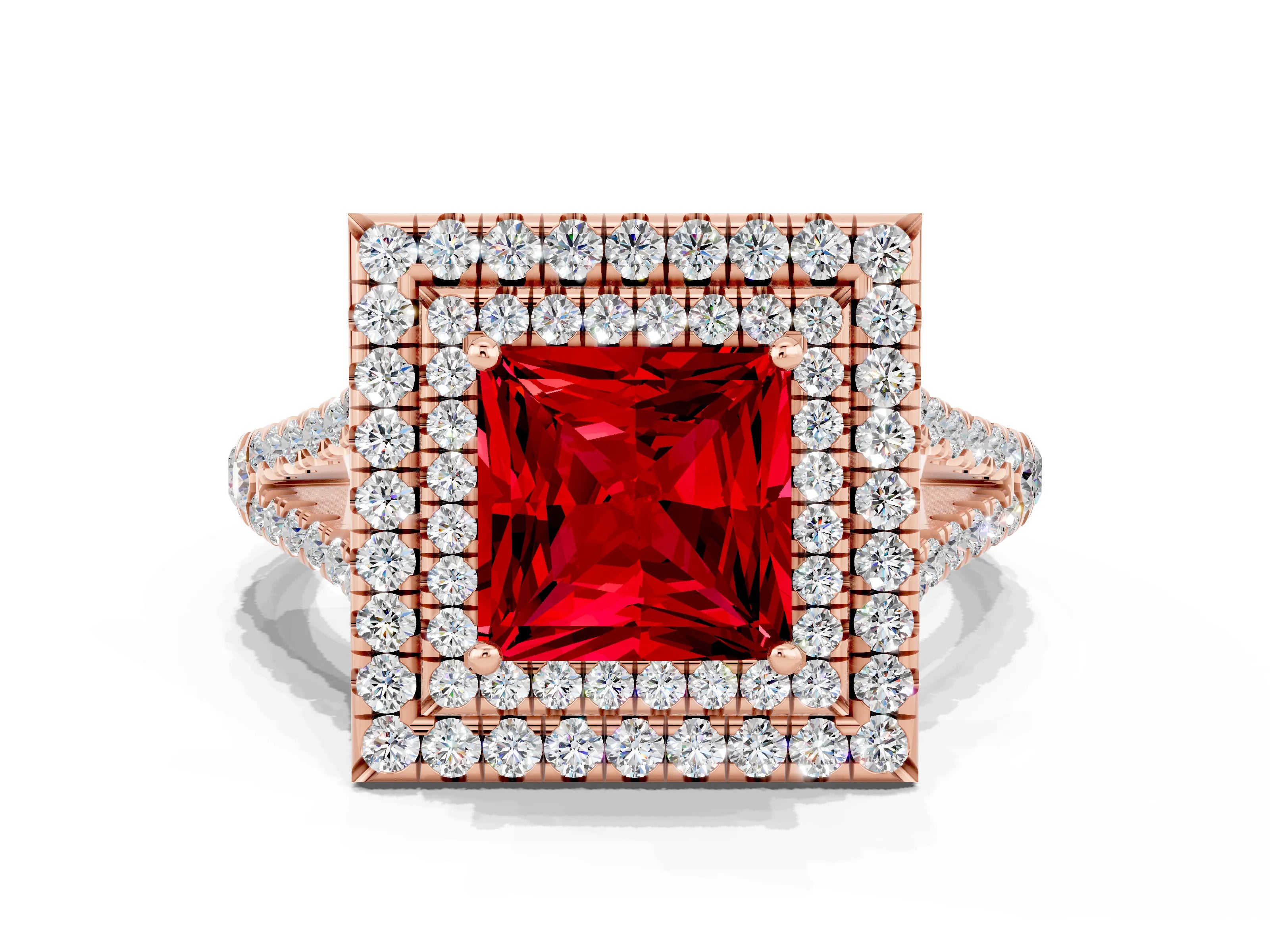 Rose gold Princess Cut Ruby Double Halo Ring with Pavé Band and Prong Setting_12
