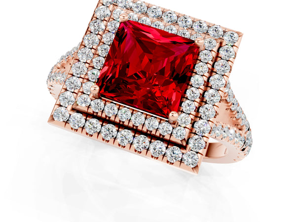 Rose gold Princess Cut Ruby Double Halo Ring with Pavé Band and Prong Setting