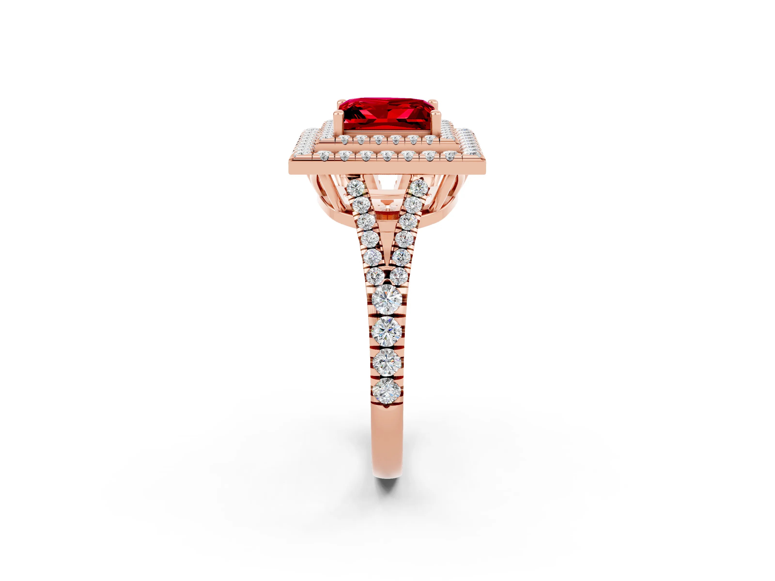 Rose gold Princess Cut Ruby Double Halo Ring with Pavé Band and Prong Setting_14