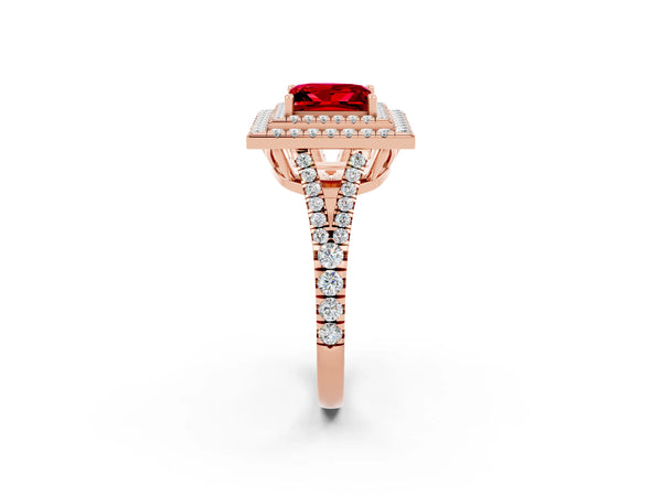 Rose gold Princess Cut Ruby Double Halo Ring with Pavé Band and Prong Setting