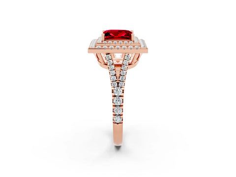 Rose gold Princess Cut Ruby Double Halo Ring with Pavé Band and Prong Setting_14