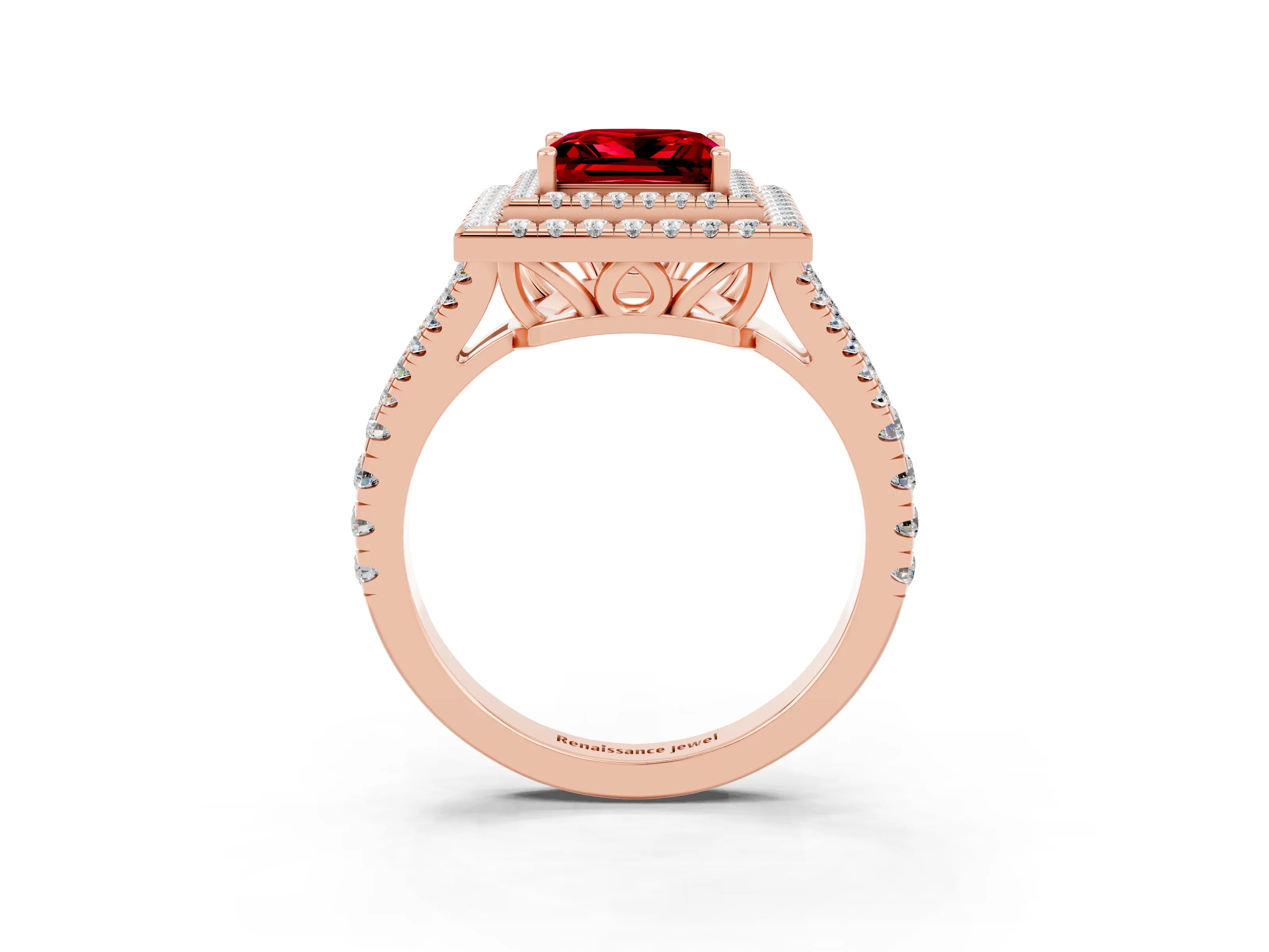 Rose gold Princess Cut Ruby Double Halo Ring with Pavé Band and Prong Setting_15