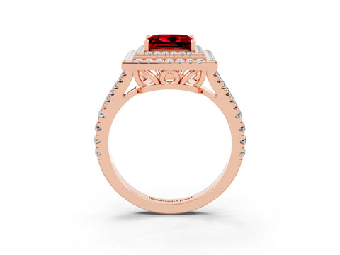 Rose gold Princess Cut Ruby Double Halo Ring with Pavé Band and Prong Setting_15