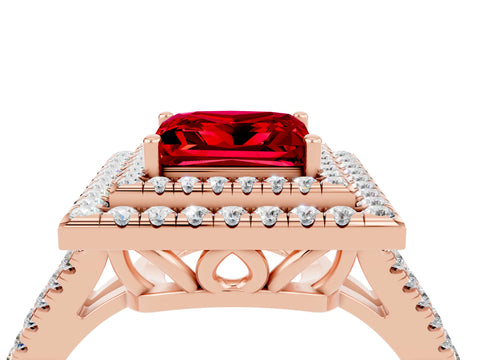 Rose gold Princess Cut Ruby Double Halo Ring with Pavé Band and Prong Setting_16