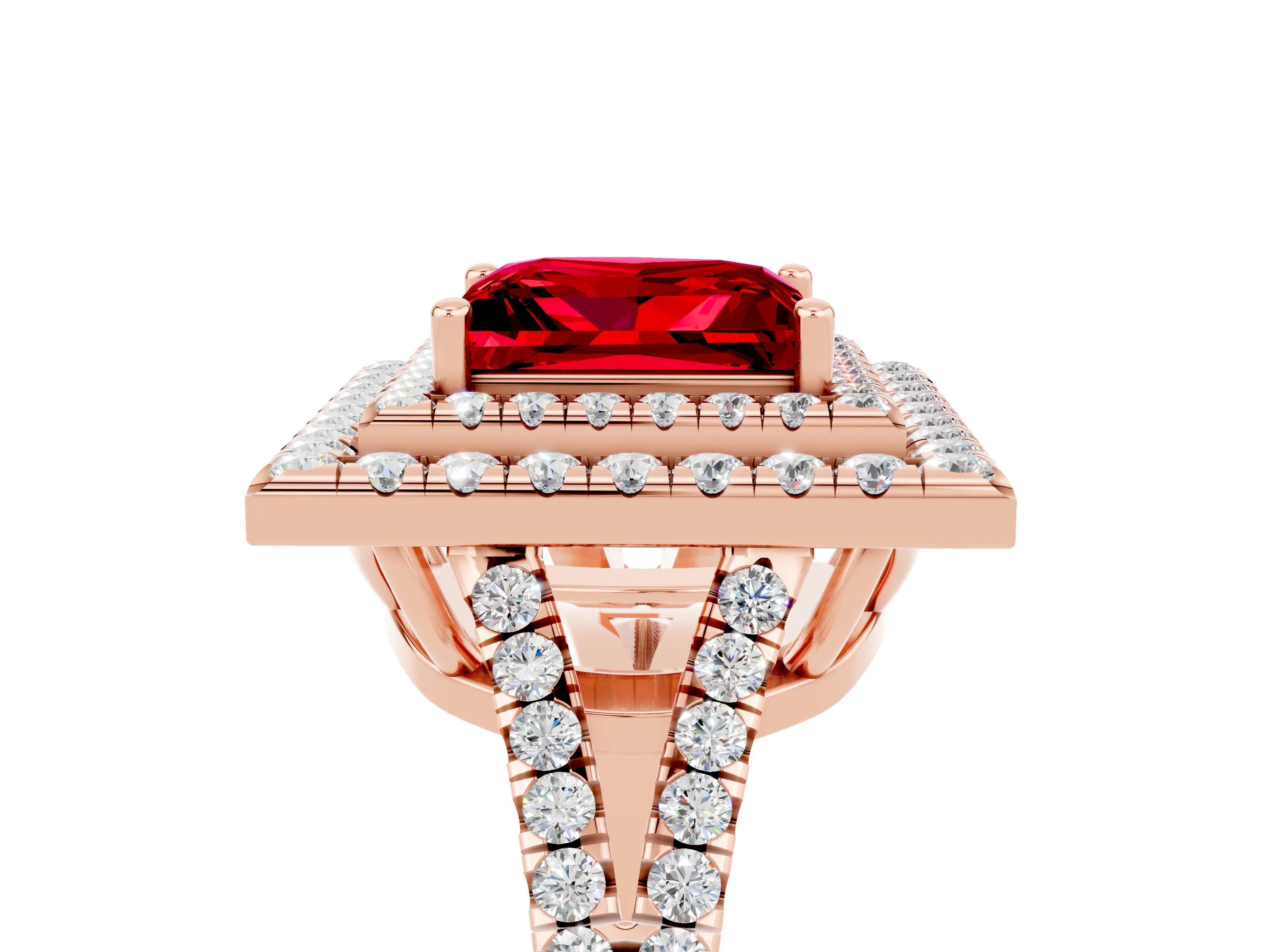 Rose gold Princess Cut Ruby Double Halo Ring with Pavé Band and Prong Setting_17