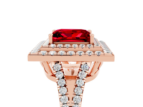 Rose gold Princess Cut Ruby Double Halo Ring with Pavé Band and Prong Setting_17