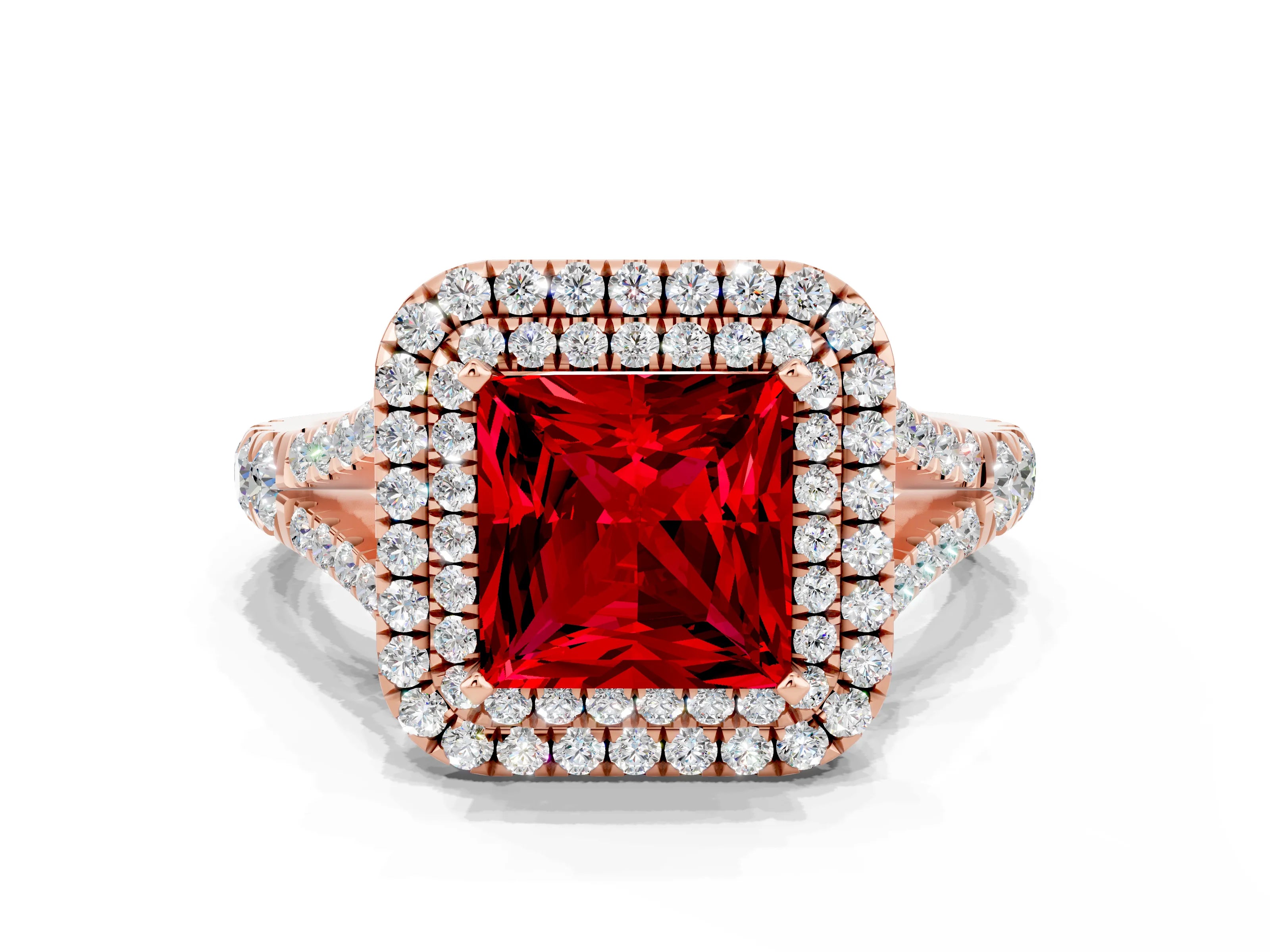 Rose gold Princess Cut Ruby Double Halo Ring with Split Shank and Prong Setting_12