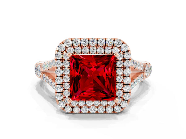 Rose gold Princess Cut Ruby Double Halo Ring with Split Shank and Prong Setting