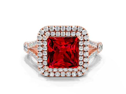 Rose gold Princess Cut Ruby Double Halo Ring with Split Shank and Prong Setting_12
