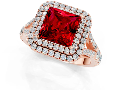 Rose gold Princess Cut Ruby Double Halo Ring with Split Shank and Prong Setting_13