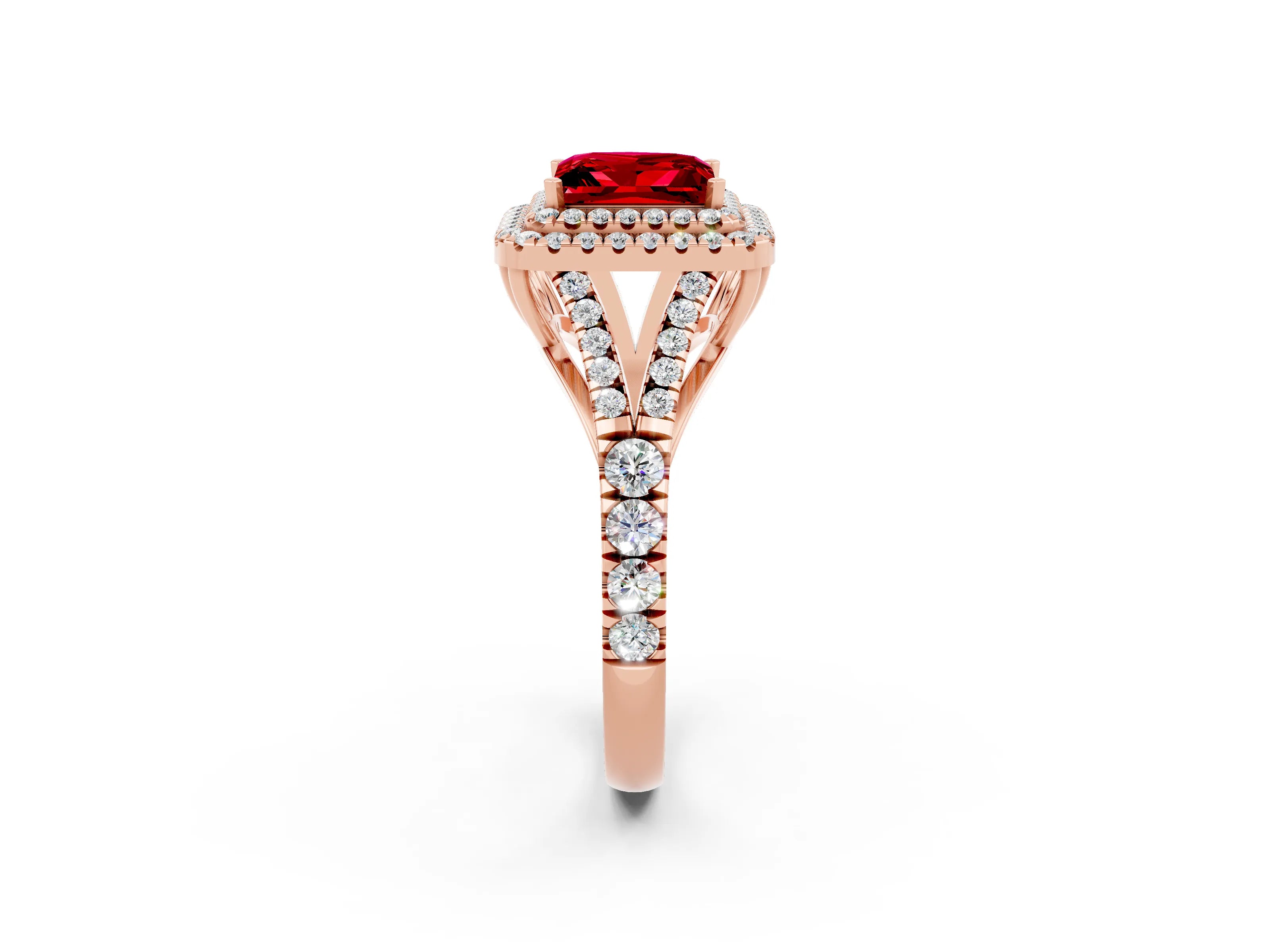 Rose gold Princess Cut Ruby Double Halo Ring with Split Shank and Prong Setting_14