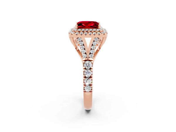 Rose gold Princess Cut Ruby Double Halo Ring with Split Shank and Prong Setting