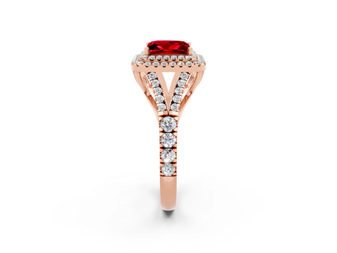 Rose gold Princess Cut Ruby Double Halo Ring with Split Shank and Prong Setting_14