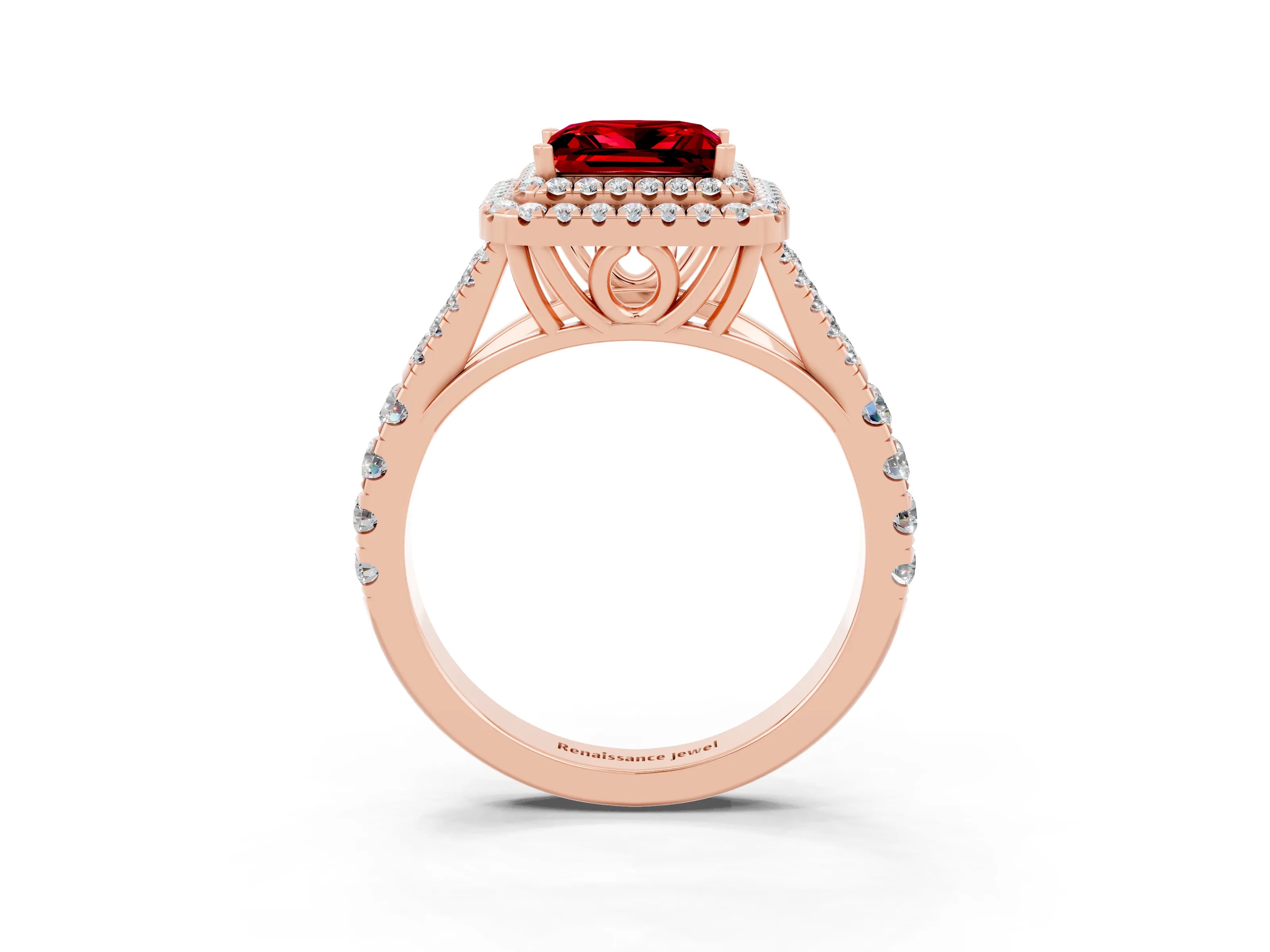 Rose gold Princess Cut Ruby Double Halo Ring with Split Shank and Prong Setting_15