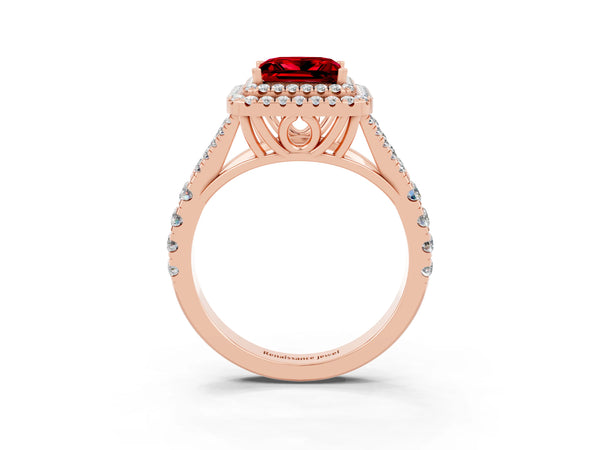 Rose gold Princess Cut Ruby Double Halo Ring with Split Shank and Prong Setting