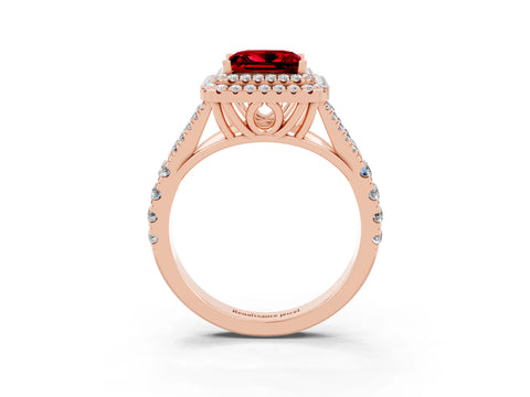 Rose gold Princess Cut Ruby Double Halo Ring with Split Shank and Prong Setting_15