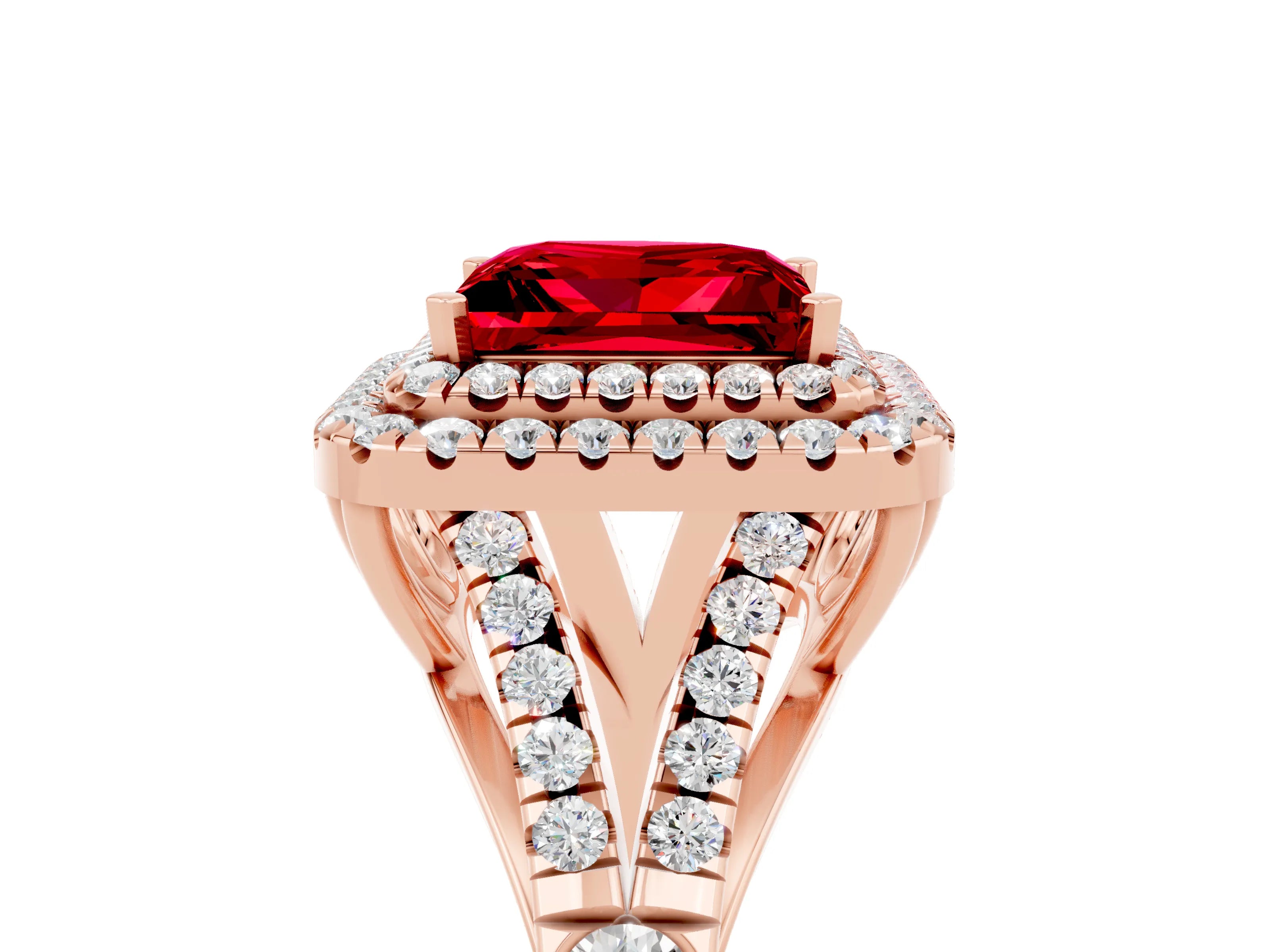 Rose gold Princess Cut Ruby Double Halo Ring with Split Shank and Prong Setting_17