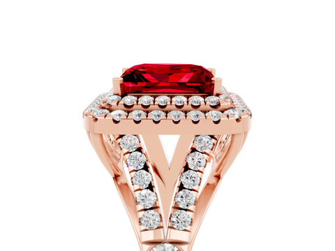 Rose gold Princess Cut Ruby Double Halo Ring with Split Shank and Prong Setting_17