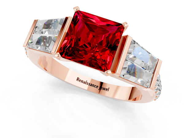 Rose gold Princess Cut Ruby Engagement Ring with Baguette Side Stones and Channel Set Band