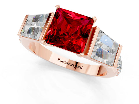 Rose gold Princess Cut Ruby Engagement Ring with Baguette Side Stones and Channel Set Band_1
