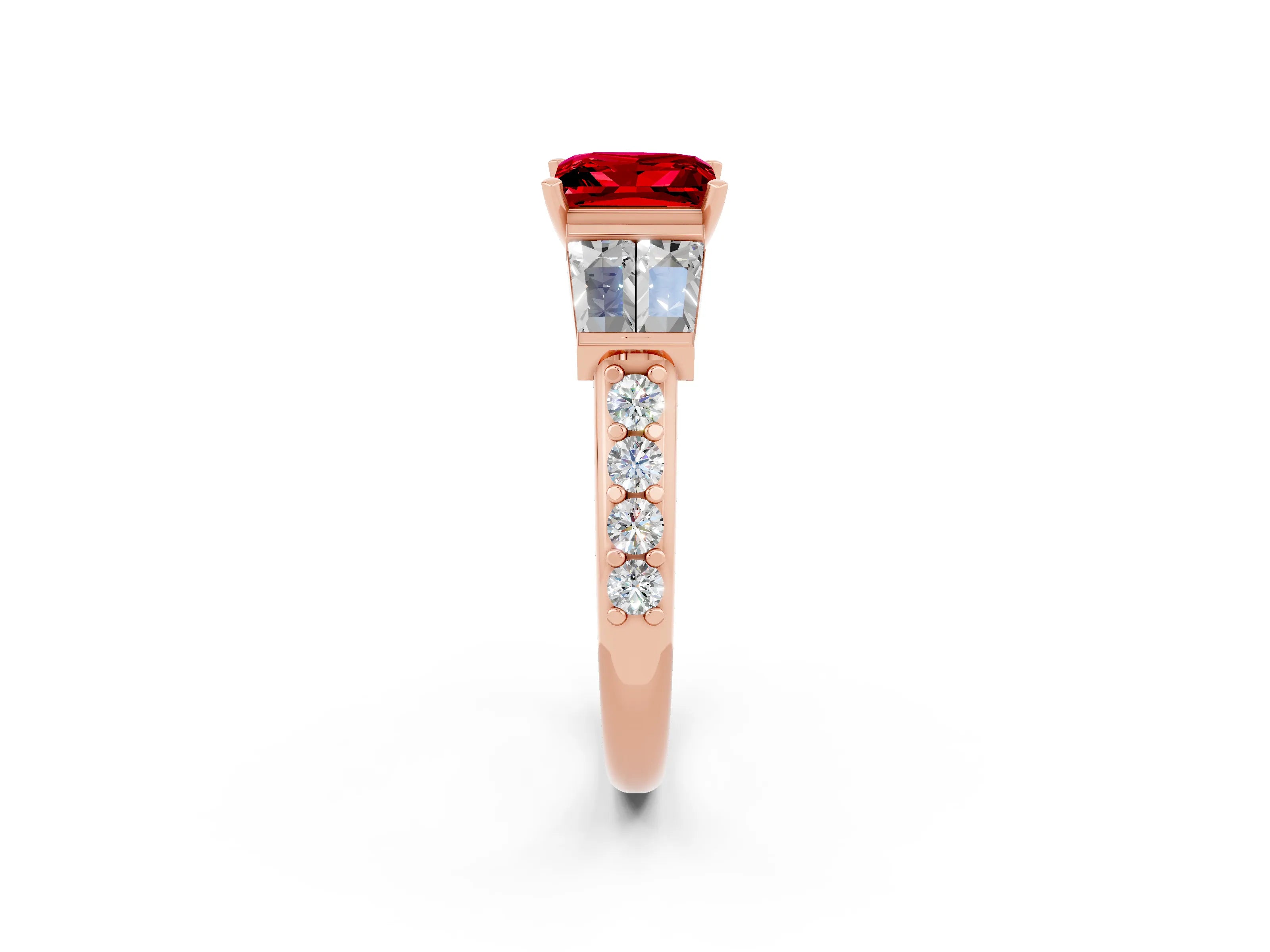 Rose gold Princess Cut Ruby Engagement Ring with Baguette Side Stones and Channel Set Band_2