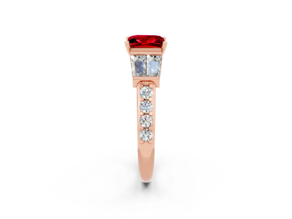Rose gold Princess Cut Ruby Engagement Ring with Baguette Side Stones and Channel Set Band