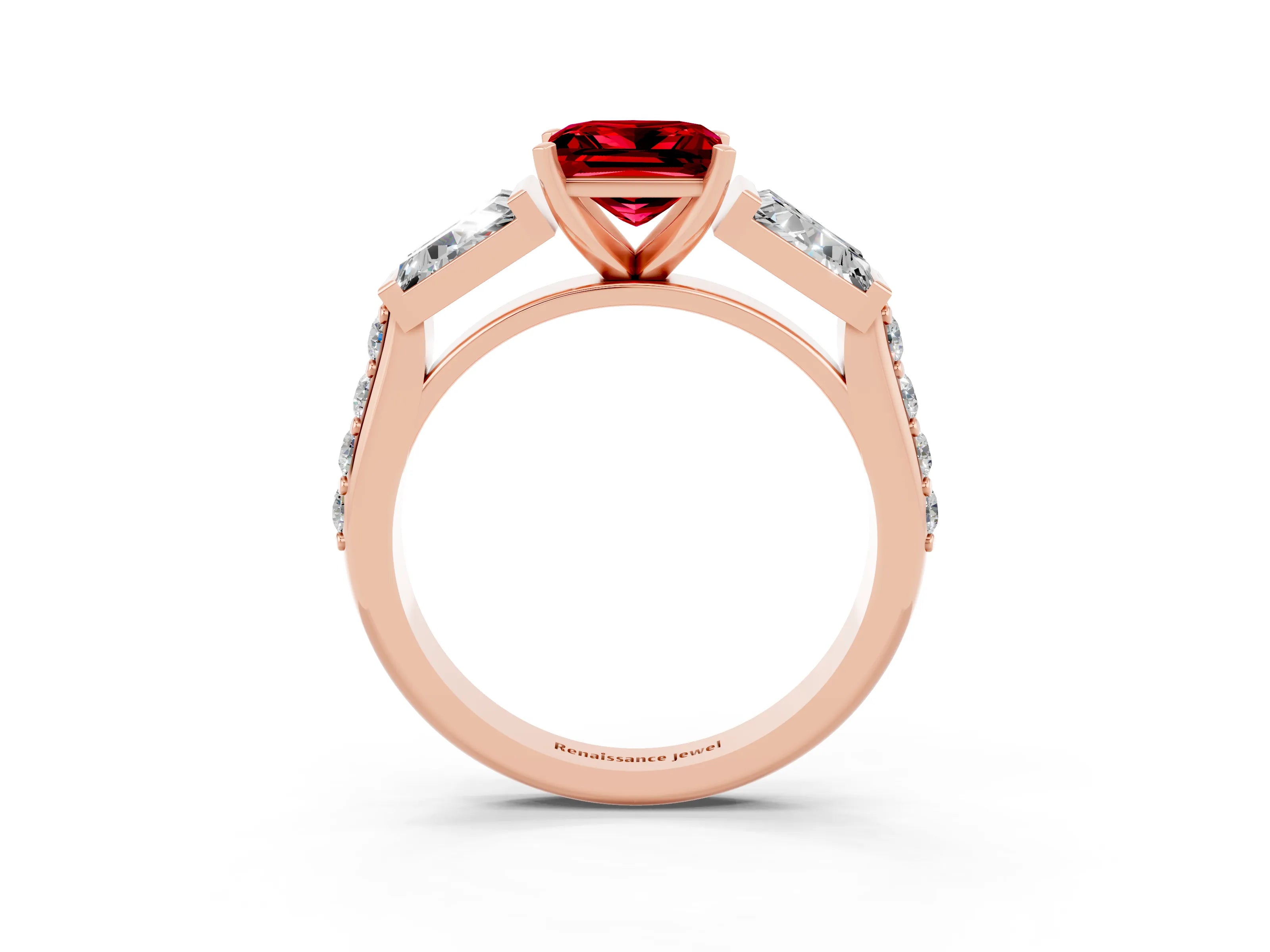 Rose gold Princess Cut Ruby Engagement Ring with Baguette Side Stones and Channel Set Band_3