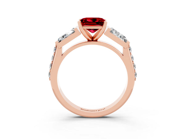 Rose gold Princess Cut Ruby Engagement Ring with Baguette Side Stones and Channel Set Band