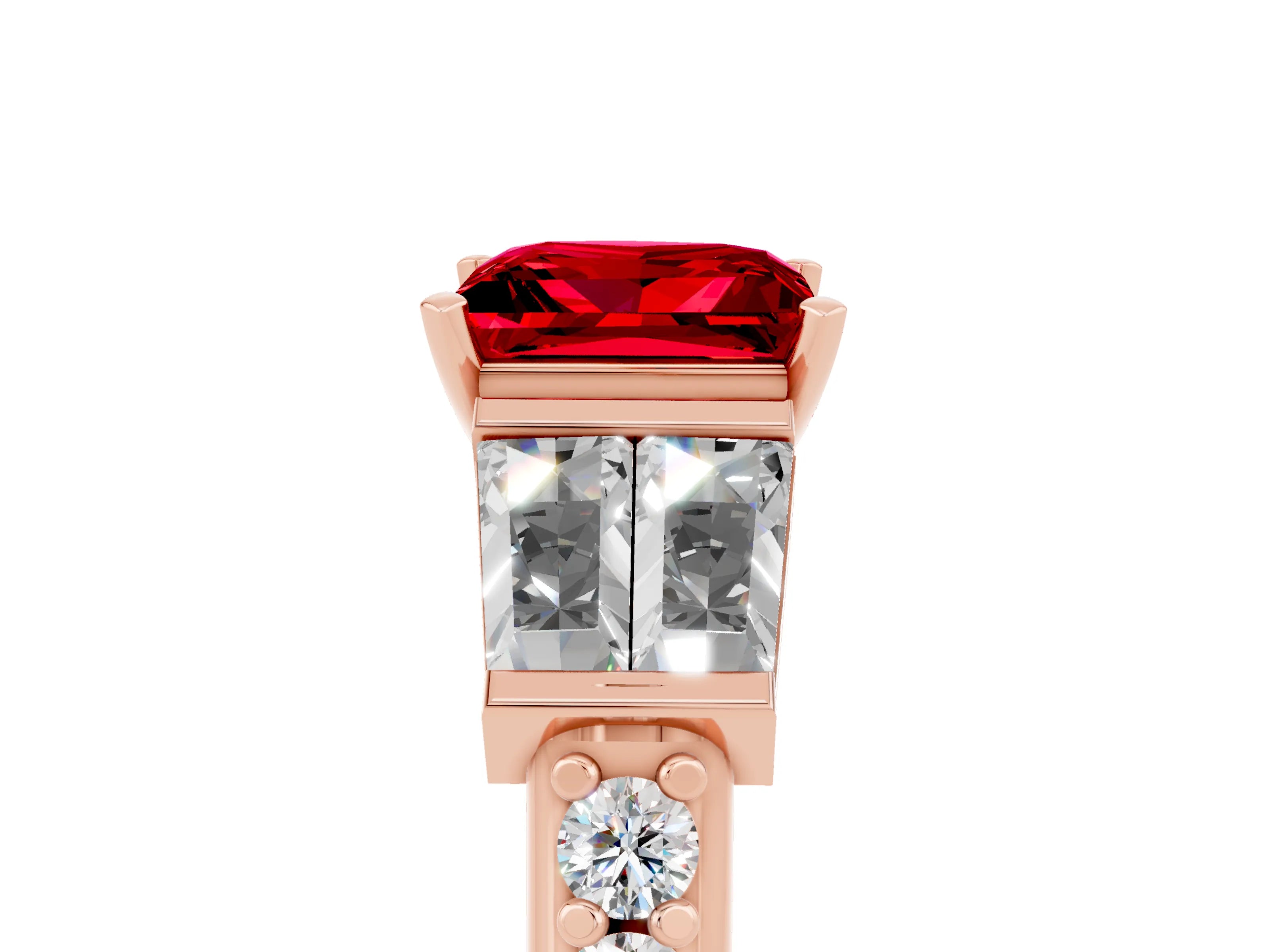 Rose gold Princess Cut Ruby Engagement Ring with Baguette Side Stones and Channel Set Band_5