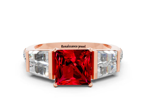 Rose gold Princess Cut Ruby Engagement Ring with Baguette Side Stones and Channel Set Band