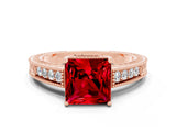 Rose gold Princess Cut Ruby Engagement Ring with Milgrain Channel Set Band and Prong Setting