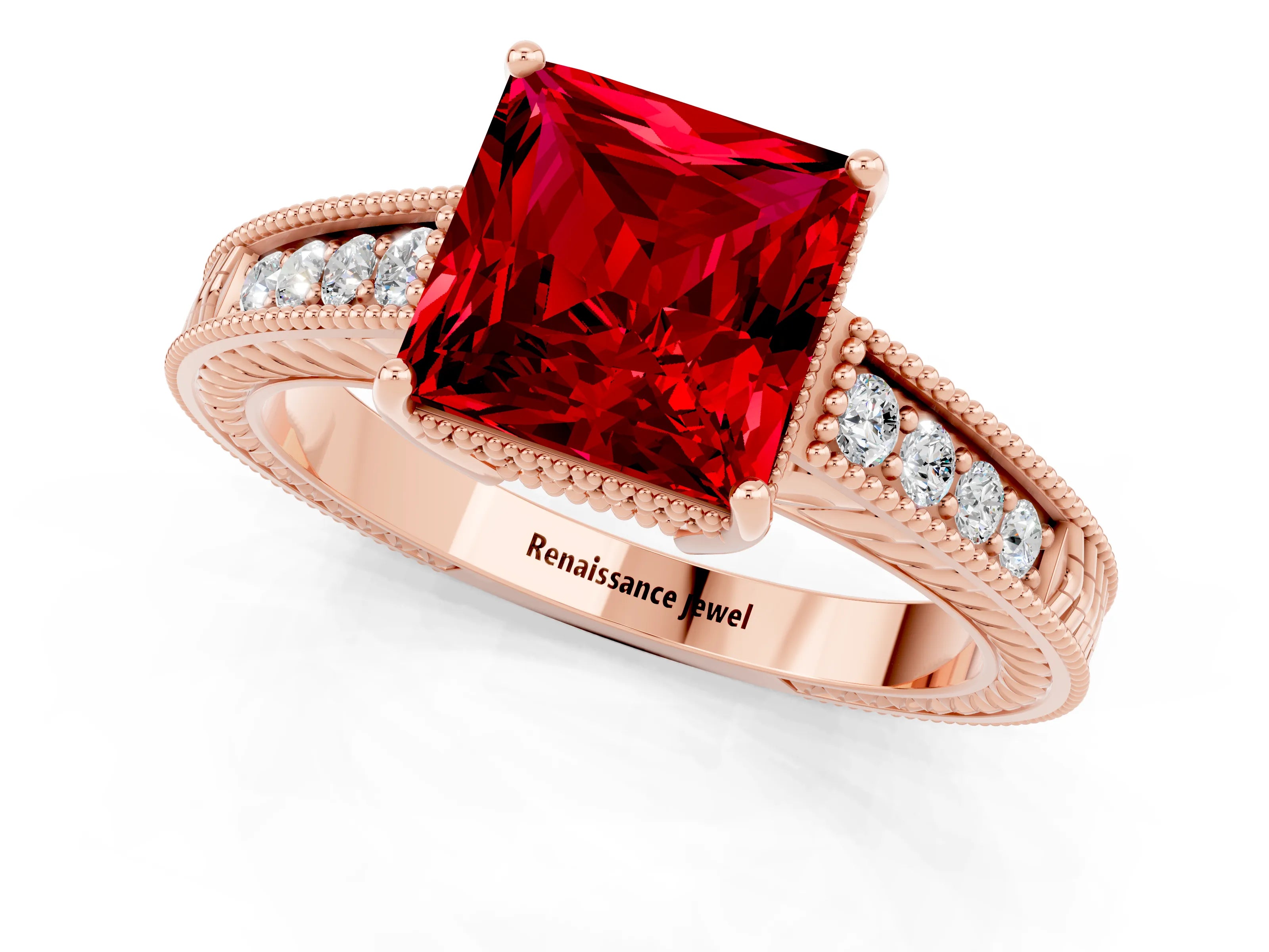 Rose gold Princess Cut Ruby Engagement Ring with Milgrain Channel Set Band and Prong Setting_1