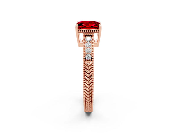 Rose gold Princess Cut Ruby Engagement Ring with Milgrain Channel Set Band and Prong Setting
