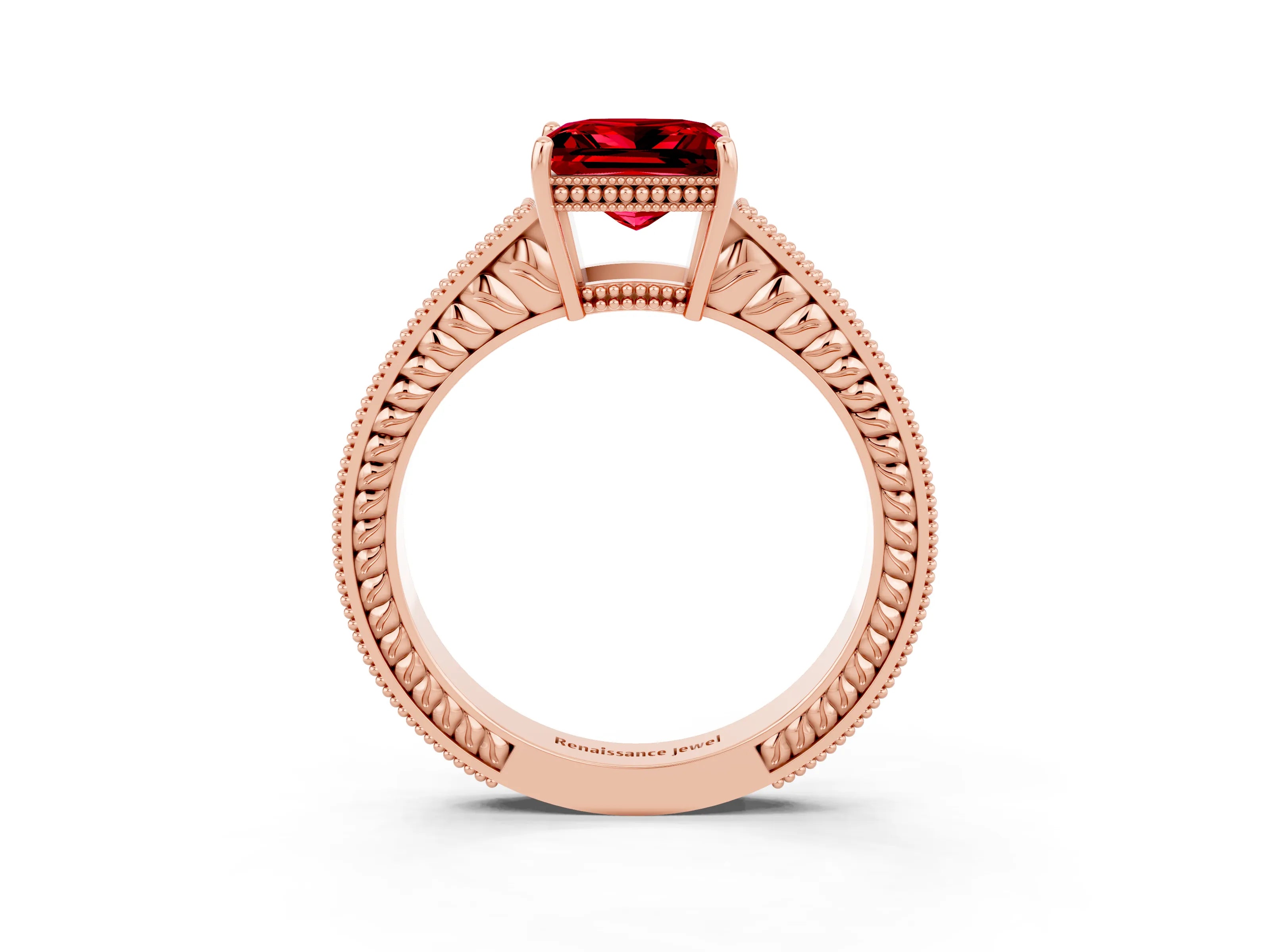 Rose gold Princess Cut Ruby Engagement Ring with Milgrain Channel Set Band and Prong Setting_3